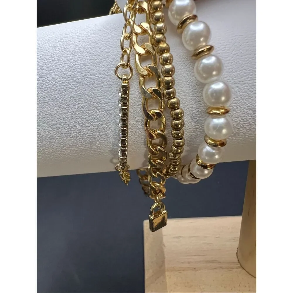 New Laundry by Shelli Segal Gold Toned Chain and Faux Pearl 4 Layering Bracelets